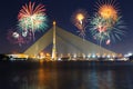 Big Fireworks at Rama VIII Suspension bridge with lighting Royalty Free Stock Photo