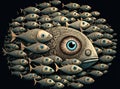 Big fish in the circle of many fishes. Fantasy whimsical digital illustration