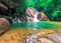 Big fish in pond at beautiful waterfall on nature background Royalty Free Stock Photo