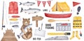 Big Fishing Collection of various fishing tools, brown bear character, yellow tent, wooden signboard, fishhook with paper note, re Royalty Free Stock Photo