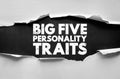 Big Five Personality Traits text concept. Psychological theory describing openness, conscientiousness, extraversion, agreeableness Royalty Free Stock Photo