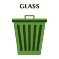 Big Flat green recycle garbage can with text Glass. Trash bin in cartoon style. Recycling trash can. Vector illustration isolated Royalty Free Stock Photo