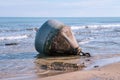 Big floating metal buoy lays on shoreline, close up photo