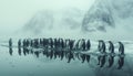 Big Flock of lovely Emperor penguins on icy and snowy coast in cold Antarctic sea waters with picturesque moody landscape