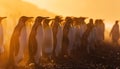 Big Flock of lovely Emperor penguins litted with sunset sun light standing in rows on Antarctic Mainland with picturesque moody