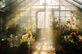 Big with flowers orangery full of mist and illuminated with sunlight