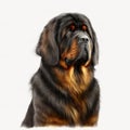 Big fluffy dog breed tibetan mastiff portrait isolated on white close-up,