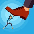 Big Foot Stepping On Business Woman Vector. Conflict. Risk Management. Scary Competition. Motivation. Cartoon