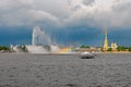 Big fountain on the Neva river. St.Petersburg, Russia Royalty Free Stock Photo