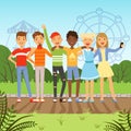 Big friendly group of multiracial teenagers. Vector background picture in cartoon style Royalty Free Stock Photo