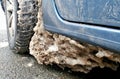 Frozen ice in the wheel arch of a car Royalty Free Stock Photo