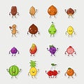 Big fruts and nuts set. Illustration of garden plant. Happy food characters. Food sticker set. Nuts set Royalty Free Stock Photo