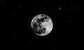 Big full moon against clear dark starry sky background in black and white. Moon, starry sky, cosmos, planets.