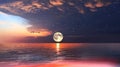 Big full moon  red  dark blue sunset at night starry sky  and sea water refloection landscape seascape skyline Royalty Free Stock Photo