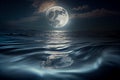 Big full moon rising over sea water at night mysterious romantic night background