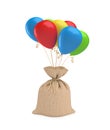 A big full sack tied with a piece of rope and attached to a bundle of colorful balloons.