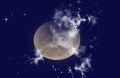 Big full white blue moon silhouette in dark cloudy sky and some stars. Moon covered with clouds. Moon, sky, cosmos, planets. Royalty Free Stock Photo