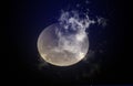 Big Full White Moon Silhouette In Black Cloudy Sky. Moon Covered With Clouds. Moon, Sky, Cosmos, Planets, Nature, Night.