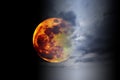 Big full yellow red moon in dark blue cloudy sky over some clouds. Royalty Free Stock Photo