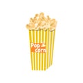 Big full yellow-and-white striped popcorn bucket isolated with lettering. Royalty Free Stock Photo