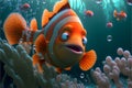 Big funny orange fish with stripes on the background of blue ocean air bubbles and corals. Royalty Free Stock Photo