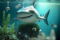 Big funny shark on the background of blue ocean air bubbles and corals. Royalty Free Stock Photo