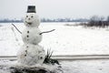 Big funny traditional primitive smiling snowman with bucket hat