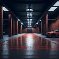 Big Futuristic Brick Hangar Empty Facility Industrial Factory Storage Car Dark Foggy Inside Glowing Lights From Windows Wet Royalty Free Stock Photo