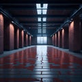 Big Futuristic Brick Hangar Empty Facility Industrial Factory Storage Car Dark Foggy Inside Glowing Lights From Windows Wet Royalty Free Stock Photo