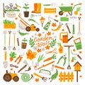 Big gardening icons set and design elements. Garden tools and decor collection, isolated on a white background. Royalty Free Stock Photo