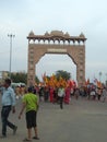 This a big gate of khatu shyam ji. This is a Hindu`s Temple.the lord of Krishna. and walking people this area.