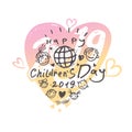 Big gentle heart for children`s day. Bright logo. Joyful smiling boys and girls template to the International Children`s Day 2019. Royalty Free Stock Photo