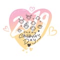 Big gentle heart for children`s day. Bright logo. Joyful smiling boys and girls template to the International Children`s Day 2019. Royalty Free Stock Photo