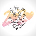 Big gentle hearts 2020 for children`s day. Beautiful logo. Joyful smiling boys and girls template to the International Children`s Royalty Free Stock Photo