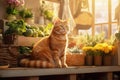 Big ginger cat sits on the counter of a rural farm shop