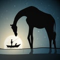 Big giraffe. Fisherman and animal silhouette. Man in boat at full moon Royalty Free Stock Photo