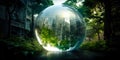 A big glass ball in the green garden near the ruined house. Metropolis buildings reflect inside the globe. Generative AI