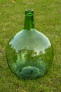 Big glass bottle of wine Empty, on green grass background. Royalty Free Stock Photo