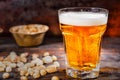 Big glass with freshly poured light beer near plates with snacks