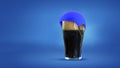 Big glass of frothy dark beer wearing blue cap isolated over blue neon background. Concept of alcohol, drinks, holidays