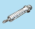 Organic hand drawn big glass syringe without needle or feeding tube on blue background. Stock illustration.