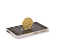 Big gold coin and mobile phone.3D illustration. Royalty Free Stock Photo