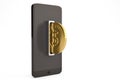 Big gold coin and mobile phone smartphone save concept.3D illustration. Royalty Free Stock Photo