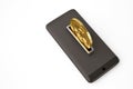 Big gold coin and mobile phone smartphone save concept.3D illustration. Royalty Free Stock Photo
