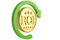 Big gold roi coin and green circular arrow isolated on white background 3D illustration. Royalty Free Stock Photo