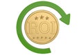 Big gold roi coin and green circular arrow isolated on white background 3D illustration. Royalty Free Stock Photo