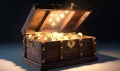 Big golden coins filling the wooden chest with opened lid. Box of treasures isolated indoors. Black backdrop. Generative AI Royalty Free Stock Photo