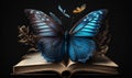 Big gorgeous butterfly spread its wings over the book. Beauty of knowledge and reading concept. Close up. Black backdrop.