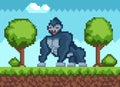 Big gorilla in forest in pixel-game. Animal walks in woods among trees. King kong with red eyes