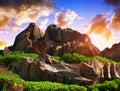 Big granite rocks close to Anse Songe beach at sunrise. La Digue Island, Seychelles. Royalty Free Stock Photo